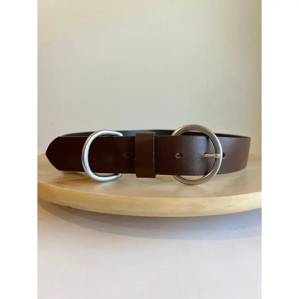 Brown Genuine Italian Leather USA Made Silver Loop Buckle Belt Size Large